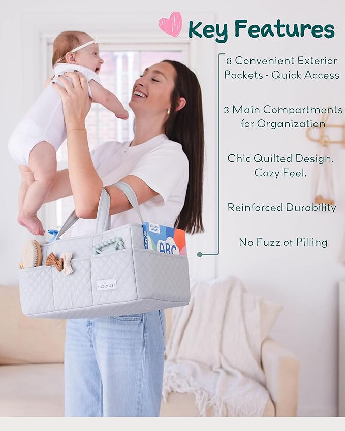 Lily Miles Baby Diaper Caddy Organizer, Nursery Storage Tote for Newborn Essentials and Diaper Change Station, Gift for Baby Shower and Registry Must-Have (Heather Gray)