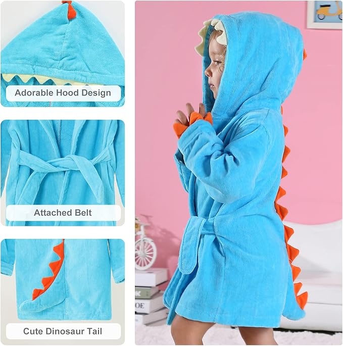 MICHLEY Girls Boys Robe Cotton Towel Baby Animal Dinosaur Style Hooded Bathrobe