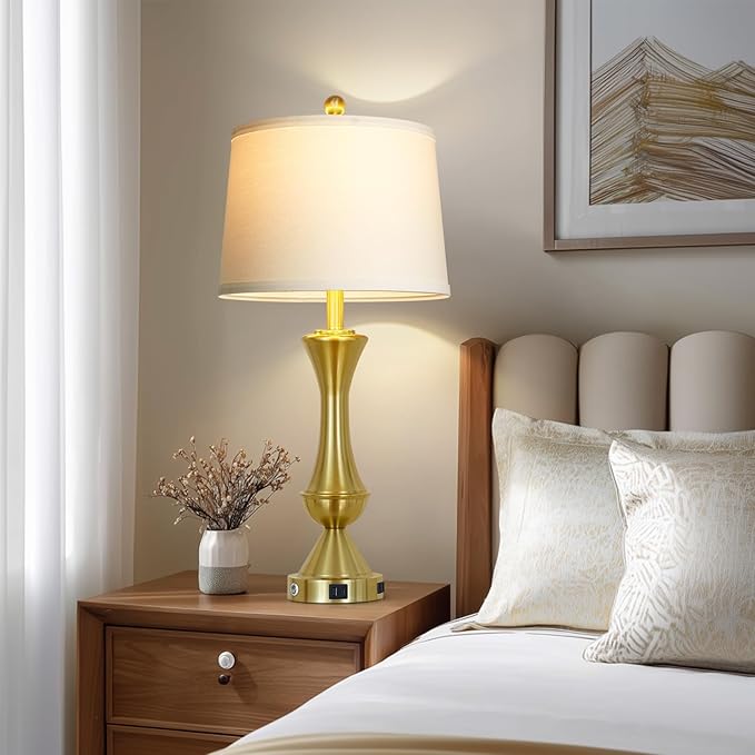luxeflow 29" Tall Gold Table Lamps Set of 2 for Living Room, Touch Control Bedroom Lamps for Nightstand, 3-Way Dimmable Bedside Lamp with USB A+C Port &AC Outlets(2 LED Bulbs Included)