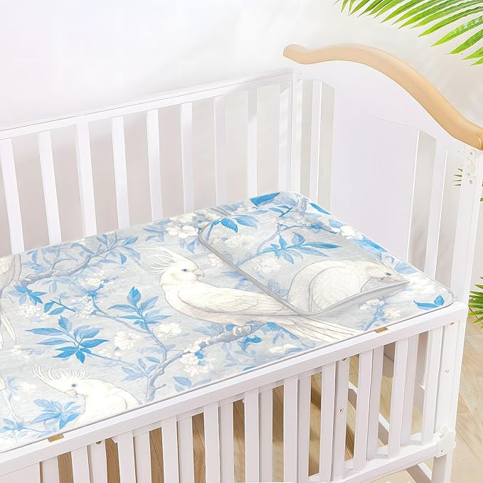 Cooling Baby Mattress pad Protector 28" x 52"Ultra Soft Crib Bumper Pads for Kids, Adult Elegant Animal White Cockatoos Bird Gray Blue