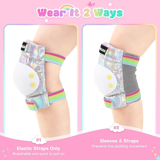 Knee Pads for Kids - ZOOBLISS Toddler Knee and Elbow Pads Set Wrist Guards for Skating Girls Aged 3-12, Kids Protective Gear for Roller Skates Skateboard Bike Scooter, Included Drawstring Bag(Rainbow)