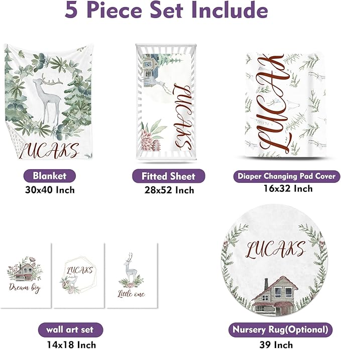 Custom Crib Bedding Set – Personalized Name Fawn Baby Bedding 5-Piece Set with Soft Blanket, Fitted Sheet, Changing Pad Cover, Rug and Wall Art – Sweet Woodland Theme Nursery Decor for Boys Girls