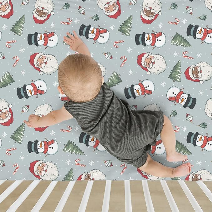 Vintage Christmas Baby Crib Sheets for Boy Girl 28"x52" Xmas Santa Snowman Tree Soft Stretchy Fitted Crib Mattress Cover Winter Holiday Baby Sheet for Standard Crib and Toddler Mattress