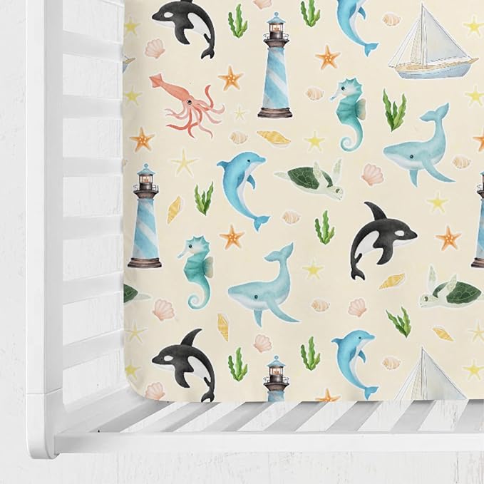Colorful Sea Animals Baby Crib Sheet 52''x28'' Ocean Whale Dolphin Turtle Shells Coral Lighthouse Ship Stretchy Fitted Crib Mattress Cover for Boy Girl Baby Sheets for Standard Crib Toddler Mattress