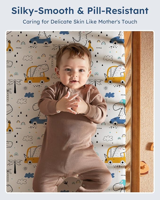 Pack and Play Sheets Fitted 3 Pack, Mini Crib Sheets for Pack N Play Mattress Stretchy Portable Playard Sheets, Soft Breathable Grey & Blue Car