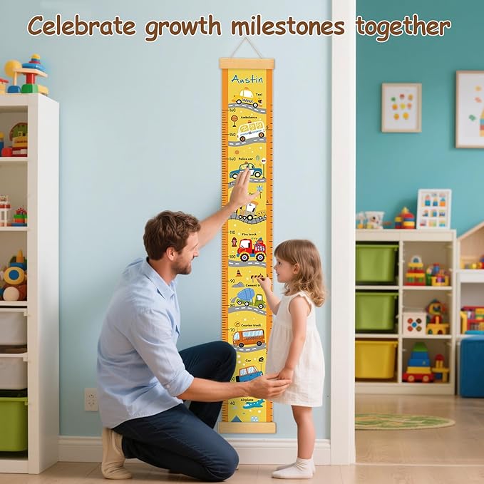 Personalized Name Baby Height Growth Chart Wall, Custom Name Cartoon Car Canvas Height Chart Removable, Waterproof Growth Chart for Kids Boys Girls, Height Ruler for Wall Kids Nursery Wall Decor