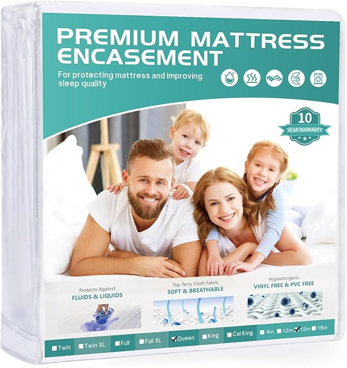 Queen Mattress Protector Waterproof Fits 12/13 /14/15 Inch Deep, 6-Sides Zippered Mattress Encasement Cover Terry Top