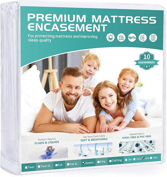 Queen Mattress Protector Waterproof Fits 12/13 /14/15 Inch Deep, 6-Sides Zippered Mattress Encasement Cover Terry Top