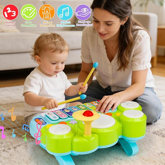 Baby Musical Toys 3 in 1 Piano Keyboard Xylophone Drum Set for 1 Year Old Girls Boys Toys Age 2 Music Instrument Learning Toys Toddlers 1-3 0-2 First Birthday Gift Infant Baby Toys 6 9 12 18 Month