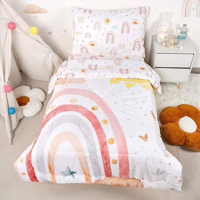 Toddler Bedding Set for Girls, 4 Piece Rainbow Toddler Girl Bedding Set, Super Soft & Lightweight Toddler Comforter Set Includes Comforter, Flat Sheet, Fitted Sheet, Pillowcase (Pink)