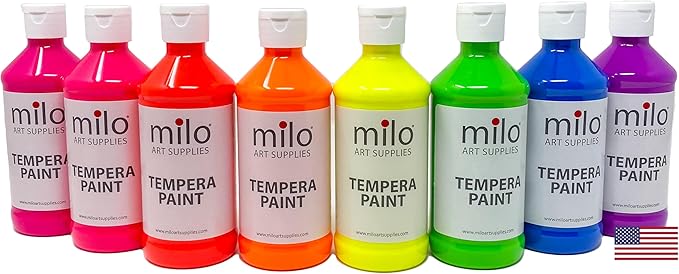 milo Fluorescent Neon Washable Paint | 8 oz Bottles 8 Colors | Made in the USA | Glows UV in Black Light | Safe & Non-Toxic Tempera Paint for Art & Craft, Poster, Window, Classroom, School