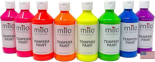 milo Fluorescent Neon Washable Paint | 8 oz Bottles 8 Colors | Made in the USA | Glows UV in Black Light | Safe & Non-Toxic Tempera Paint for Art & Craft, Poster, Window, Classroom, School