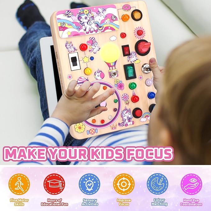 Busy Board for Toddlers - Montessori Educational Toy for 1-3 Year Old Boys & Girls | Travel-Friendly Sensory Learning Activity | Ideal for Kids with Autism(Unicorn Busy Board)