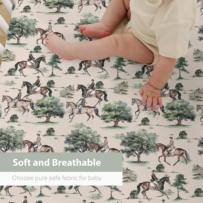 Watercolor Horses Trees Baby Crib Sheets for Boy Girl 52"x28" Vintage Horse Riding Soft Stretchy Fitted Crib Mattress Cover Wild West Animal Baby Sheet for Standard Crib and Toddler Bed Mattress