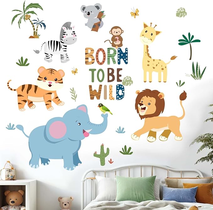 Jungle Animal Wall Stickers for Baby: Peel and Stick Safari Vinyl Wall Decals for Boys Nursery Girls Room Kids Bedroom Walls Art Decor - Ages 0-12 Years