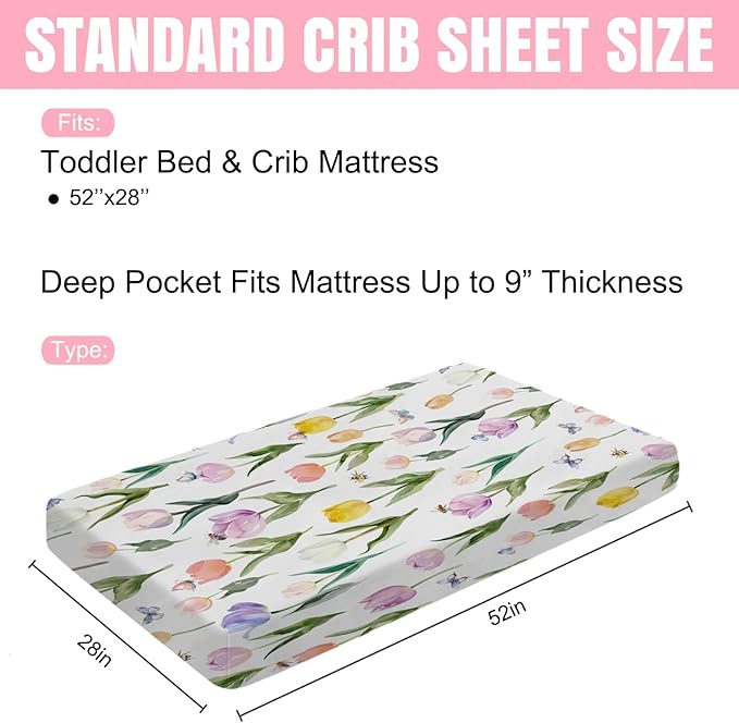 Watercolor Tulips Bees Butterflies Baby Crib Mattress Sheet 52''x28'' Boho Spring Floral Stretchy Fitted Crib Mattress Sheet for Boy Girl Wild Flower Soft Bed Sheet for Standard Crib Toddler Mattress