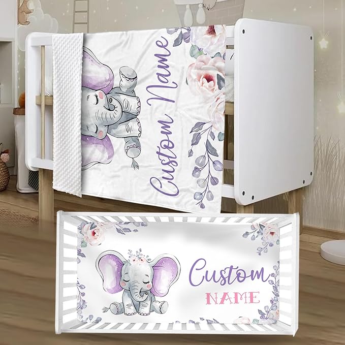 Personalized Crib Bedding Set for Boys Girls, Custom Baby Crib Sets with Name, Light Purple Elephant Design Nursery Bedding 2 Piece - Soft Blanket with Double Layer Dotted Backing, Crib Fitted Sheet
