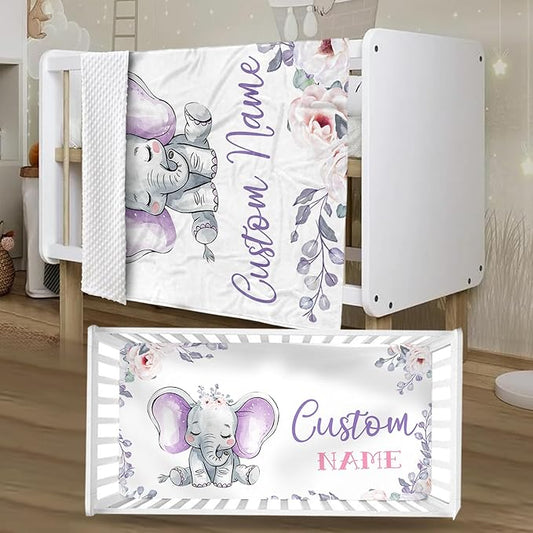 Personalized Crib Bedding Set for Boys Girls, Custom Baby Crib Sets with Name, Light Purple Elephant Design Nursery Bedding 2 Piece - Soft Blanket with Double Layer Dotted Backing, Crib Fitted Sheet