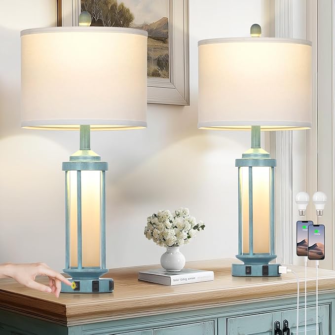 Farmhouse Table Lamps Set of 2 for Living Room, 27" Tall Rustic Vintage Table Lamp with USB A+C Charging Ports & AC Outlet, Modern Retro industrial Nightstand Bedside Lamp for Bedroom Side Table Decor