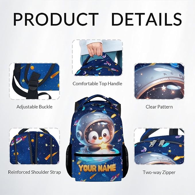 Custom Backpack - Penguin Backpacks with Lunch Bag for Girls Boys - Planet Bookbag for Kids Toddler - Personalized School Bag Set for Kindergarten/Preschool/Elementary(17 Inch)