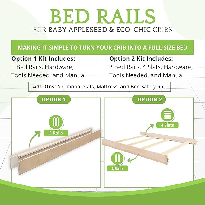 Full-Size Conversion Kit Bed Rails for Baby Appleseed and Eco-Chic Convertible Cribs - Solid Wood Rail - Toddler and Adult Bed Rail for Full-Size Beds - Nursery and Baby Furniture (Almond, Option 2)