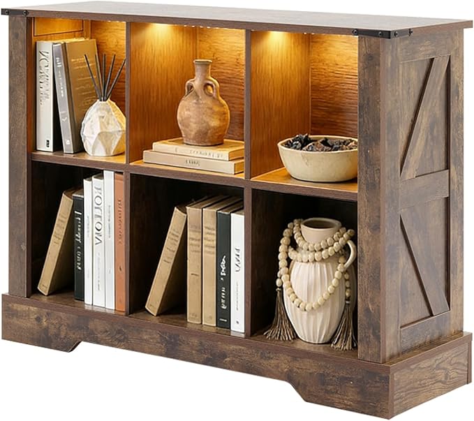 Puntogen 6 Cube Storage Organizer, Wood Cube Bookshelf with LED Lights, Horizontal Storage Cubes, Kids Bookshelf, Display Cabinet Cubby Shelf for Living Room Home Office Bedroom, Brown