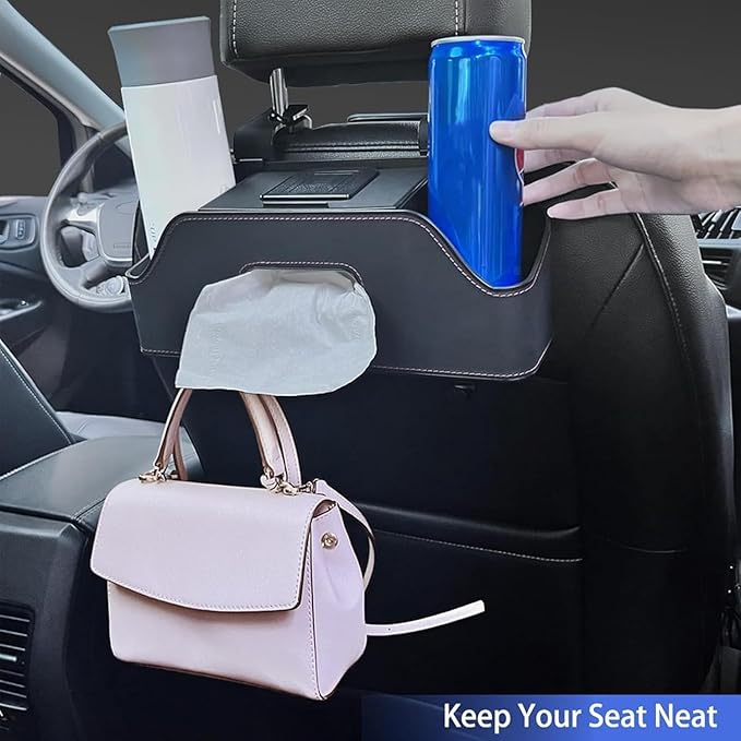 3-in-1 Car Backseat Organizer, Multifunctional Car Back Seat Storage, Car Backseat Storage Box with Drink Cup Holder Tissue Box, for Hold Phone,Snacks, Drinks, Handbag (BLACK)
