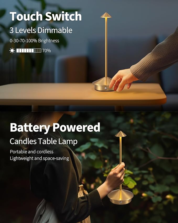 NEWSEE Modern Cordless Table Lamp Set of 2, Portable LED Desk Lamps, 5000mAh Rechargeable Battery Operated Lighting for Bedroom Dining Room Restaurant Coffee Shop Camping Night Light (Gold)