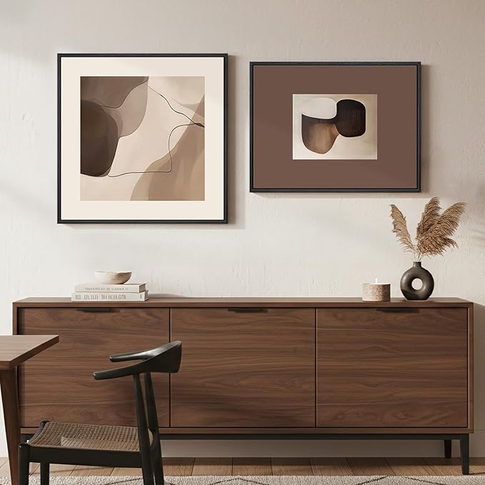 Framed Neutral Abstract Wall Art Bedroom Set of 2, Minimalist Brown Artwork for Living Room Walls, Mid Century Modern Abstract Paintings Prints for Hallway Office Kitchen Wall Decor, 24x24 & 24x18 In