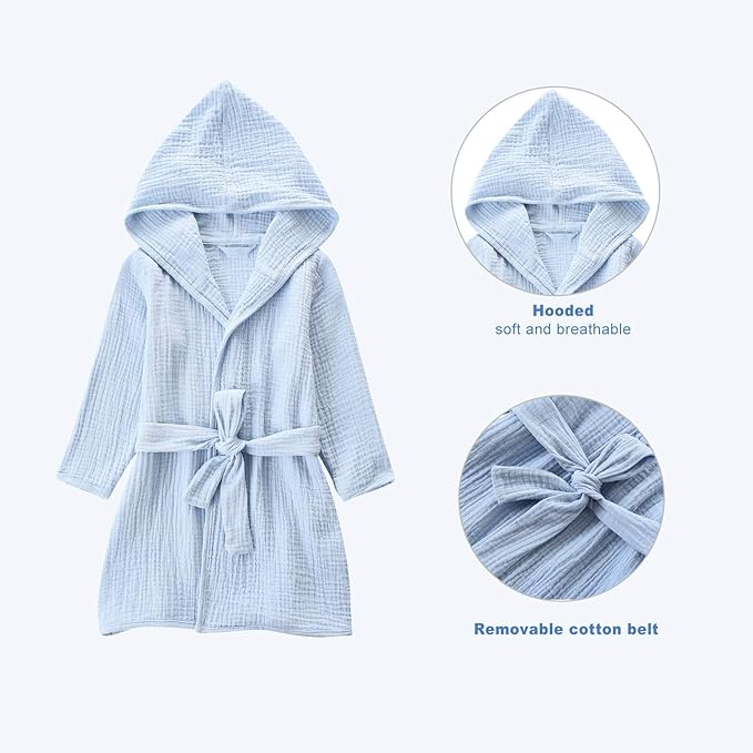 Organic Cotton Toddler Bathrobe, Soft and Breathable Baby Robe for Kid, Boy& Girl Hooded Robe Muslin