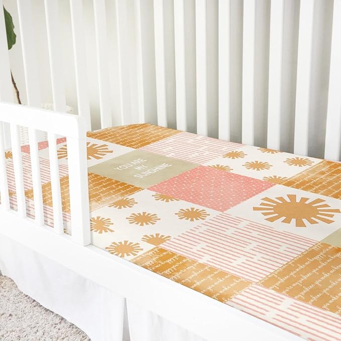 Colorful Boho Sun Baby Crib Sheet 52''x28'' Cute Sunshine Stripes Stretchy Fitted Mattress Sheets for Boy Girl Letters Quote Nursery Toddler Bed Sheets for Standard and Toddler Mattress