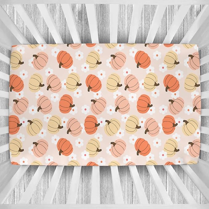 Autumn Pumpkin Boho Floral Baby Crib Sheets Fall Pumpkin Flowers Fitted Crib Mattress Cover Autumn Thanksgiving Harvest Toddler Baby Sheet for Standard Crib 28x52in