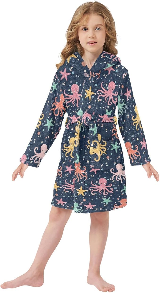 Toddler Baby Hooded Bathrobe for Boys Girls Soft Plush Bath Towel Robe with 2 Pockets for 2-12 Years
