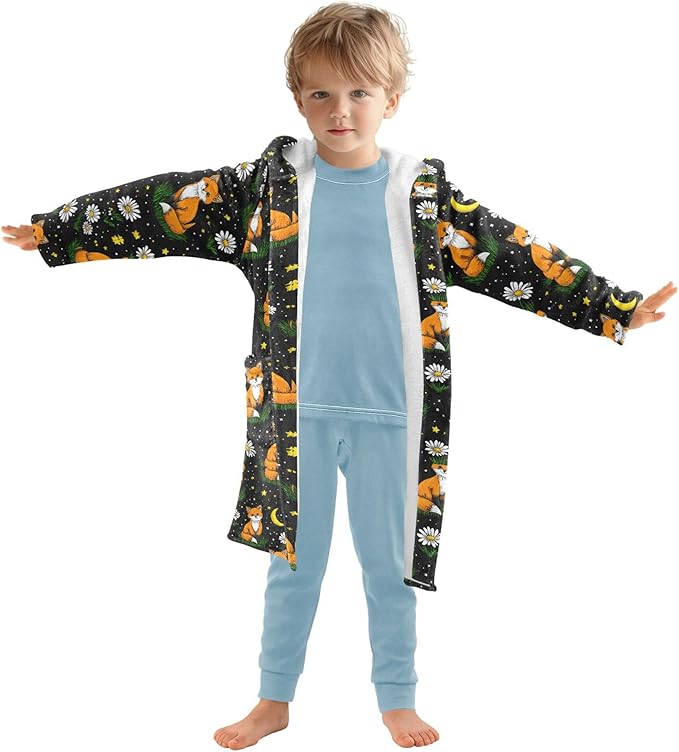 Fox Floral Cute Stars Bathrobe Hooded PJ Robe Soft Fleece Robe Pajama Sleepwears 2-12 Years
