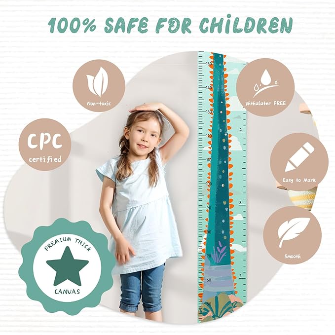 Woodemon Personalized Name Growth Chart for Kids, Cute Dinosaur Baby Height Chart, Canvas Height Measuring Rulers for Boys Girls, Nursery Decor Baby Boy Girl Growth Ruler Measuring Board