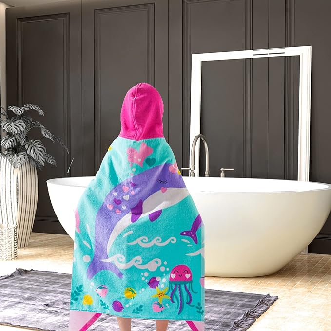 VOOVA & MOVAS Kids Hooded Beach Towels (3-8Years, 30''X50) | 100% Cotton | Large Soft Thick Absorbent Wrap Blanket | Ideal for Beach, Pool, Bath | Pink Whale
