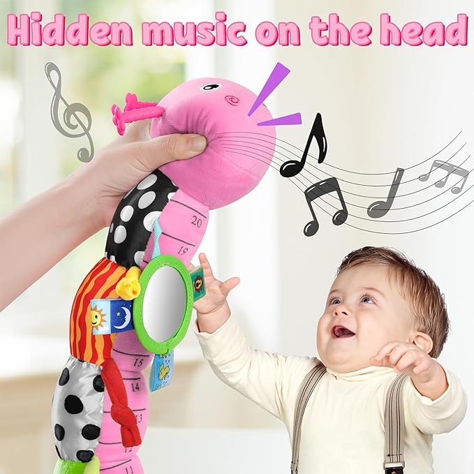 LIGHTDESIRE Baby Toys Musical Caterpillar,Infant Toys Stuffed Animals with Mirror,Ruler Design,Pull String&Rattles,Sensory Toy for Tummy Time Boy Girl Newborn Gifts 3 6 12 Months(Rose Pink,Knot Limb)