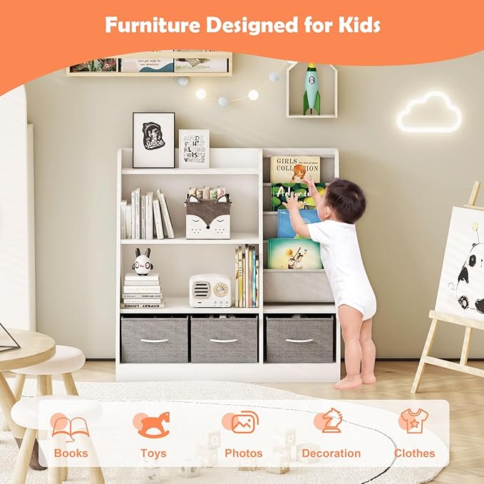 HedoAjim White Kids Bookshelf Wood Toy Storage Organizer Cabinet Children Bookcase Toddler Baby Sling Book Rack 3 Cube Bins Fabric Drawers for Playroom Bedroom Nursery School