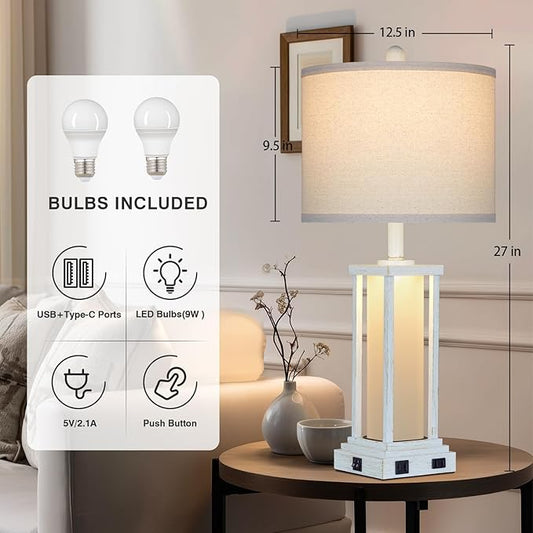 Cinkeda 27" Tall Vintage Table Lamp Set of 2 with USB C+A & Outlet,Nightstand Lamp for Living Room,Bedside Lamps with Frosted Glass Night Light for Bedroom Entryway,White