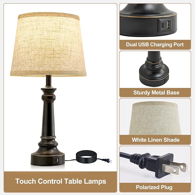 EJIAXIN Touch Lamps for Nightstand Set of 2 - Black Table Lamp for Bedroom Dimmable Bedside Lamp with USB C+A Ports - Lamps for Night Stands Living Room End Table,2 LED Bulbs Included