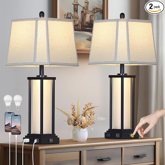 Cinkeda 27" Tall Vintage Table Lamp Set of 2 with USB C+A & Outlet,Black Industrial End Table Lamp for Living Room,Farmhouse Rustic Bedside Lamps with Bell Lampshades for Bedroom Nightstand,Black