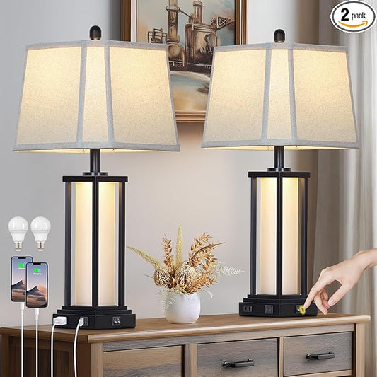 Cinkeda 27" Tall Vintage Table Lamp Set of 2 with USB C+A & Outlet,Black Industrial End Table Lamp for Living Room,Farmhouse Rustic Bedside Lamps with Bell Lampshades for Bedroom Nightstand,Black