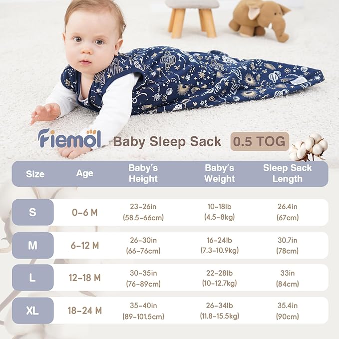 Baby Sleep Sack 12-18 Months, 100% Cotton Sleeping Sack for Newborn and Infant, 3 Pack Baby Wearable Blanket, 0.5 Tog Lightweight Double Zipper Sleep Bag Blue Sky