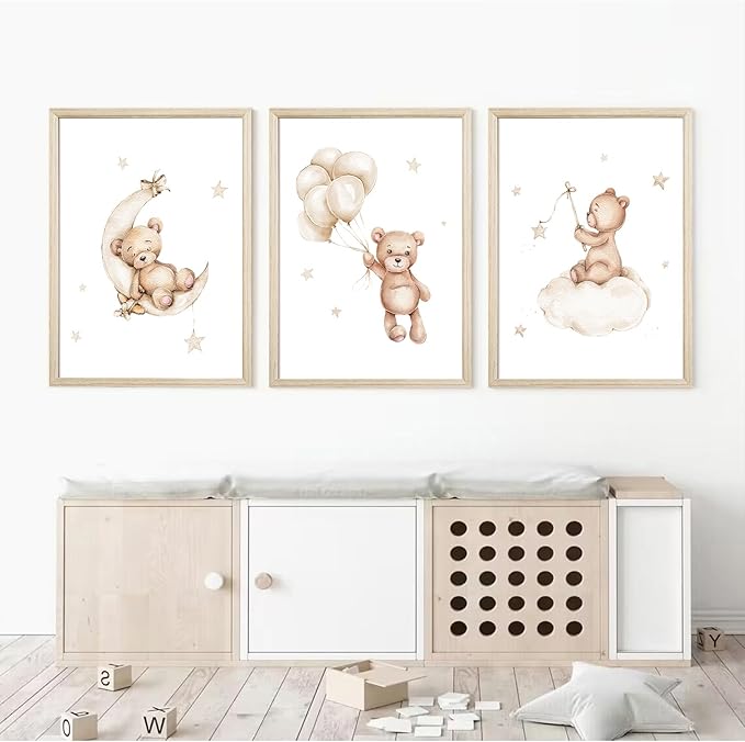 Bear Nursery Wall Art Decor Set of 3 Teddy Bear Canvas Wall Art Baby Boy Nursery Decor Prints Neutral Pictures Moon Star Cloud Print for Girls Children Room 16x24 Inch Wood Framed