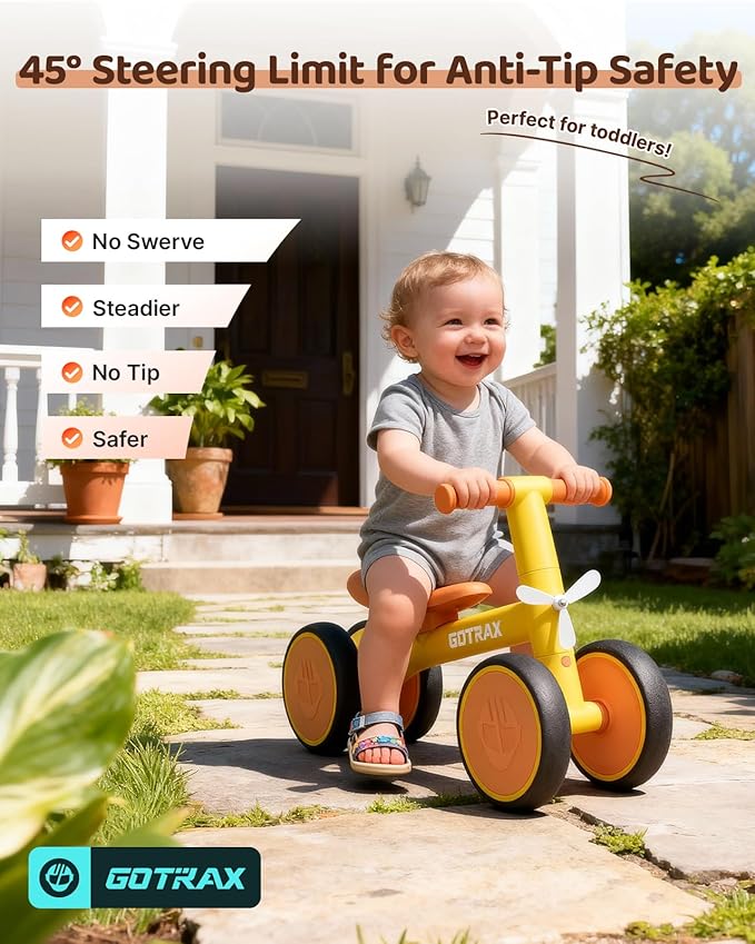 Gotrax Baby Balance Bike 1-2 Years, 7" Front&Rear Silent Wheels, Sturdy Steel Frame 66 lbs Load, Quick 2-Min Assembly, CPC Certified, Comfortable Soft Seat, Toddler Birthday Gift for Boys&Girls Yellow
