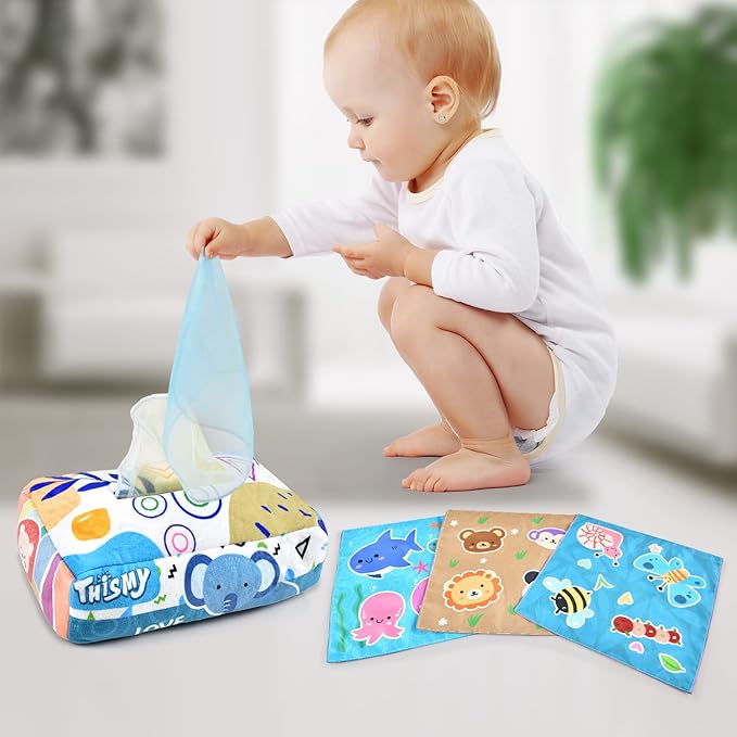 Baby Toys 6-12 Months Tissue Toy Montessori Toy for Babies 6-12 18 Months, Soft Contrast Crinkle Sensory Toys for Toddlers