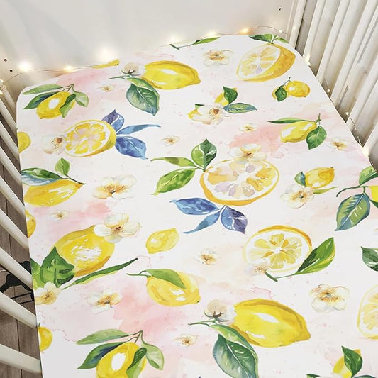 Lemons Baby Crib Sheets for Boy Girl 52x28Inch Lemon Branch Leaves Flowers Soft Stretchy Fitted Crib Mattress Covers Tropical Summer Fruits Baby Sheet for Standard Crib and Toddler Bed Mattress