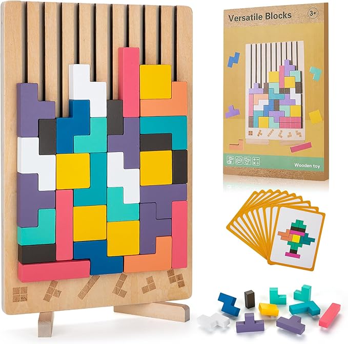 Montessori Wooden Stacking Puzzle Toy, Colored 3D Russian Block Stacking Jigsaw Puzzle Toy, Giant Building Block Board Game Educational Toys for Kids Brain Teasers for Toddlers 3-6 Years