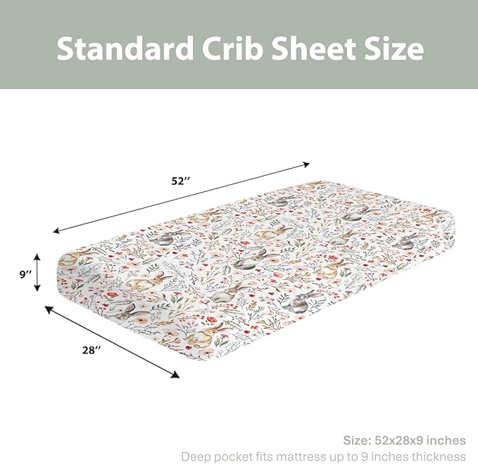 Vintage Rabbit Boho Floral Baby Crib Sheets for Boy Girl 52"x28" Retro Bunny Wild Flowers Soft Stretchy Fitted Crib Mattress Cover Spring Garden Animal Baby Sheet for Standard Crib & Toddler Mattress