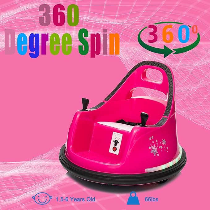 FINITO 12V Ride On Electric Bumper Car for Toddlers with Remote Control, 360 Degree Spin, LED Lights, Music, Safety Belt for Age 3+ Years Kids, Gift for Boys and Girls, Rose Pink